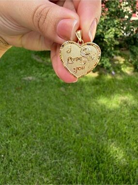 14K Yellow Gold  Heart Pendant Necklace with Rose and "I Love You" Engraving -